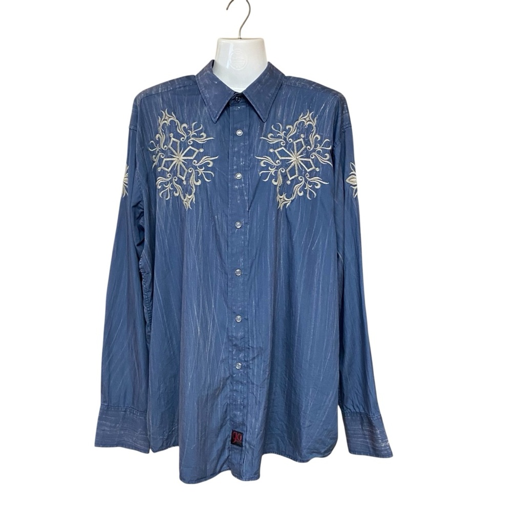 Vintage Panhandle Slim Blue Shirt Pearl Snap with White Embroidery Long Sleeve